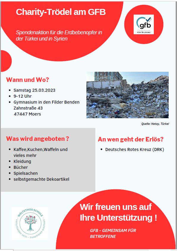 Das GFB unterstützt die Erdbebenopfer in Syrien und der Türkei – bitte vormerken!